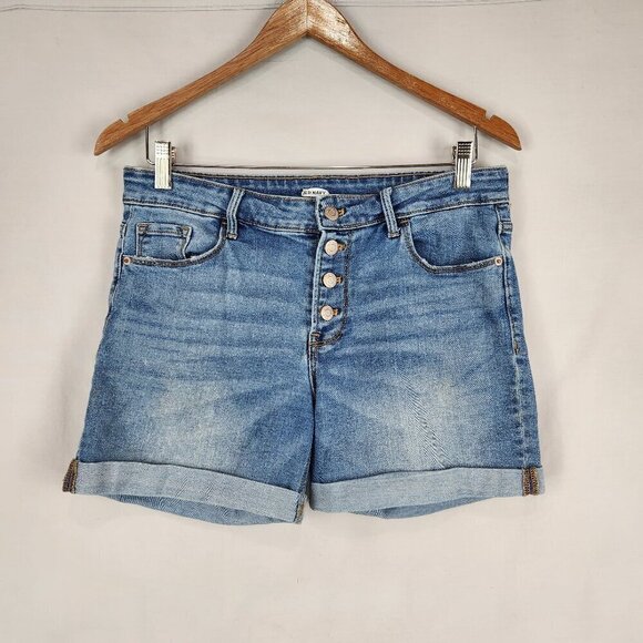 Old Navy Pants - Old Navy Denim Cuffed Shorts Women's 8 Mid Rise Blue Button Fly Distressed